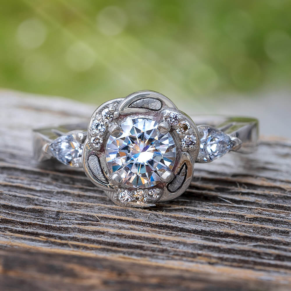 Floral Engagement Ring with Meteorite