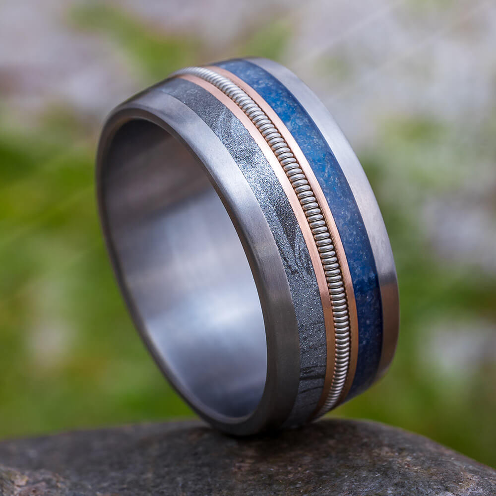 Sapphire and Mokume Wedding Band with Guitar String