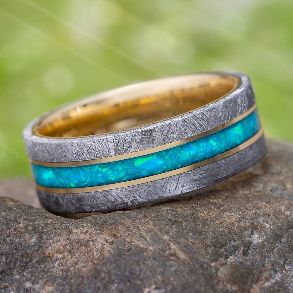 Meteorite Wedding Band with Crushed Opal Jewelry By Johan