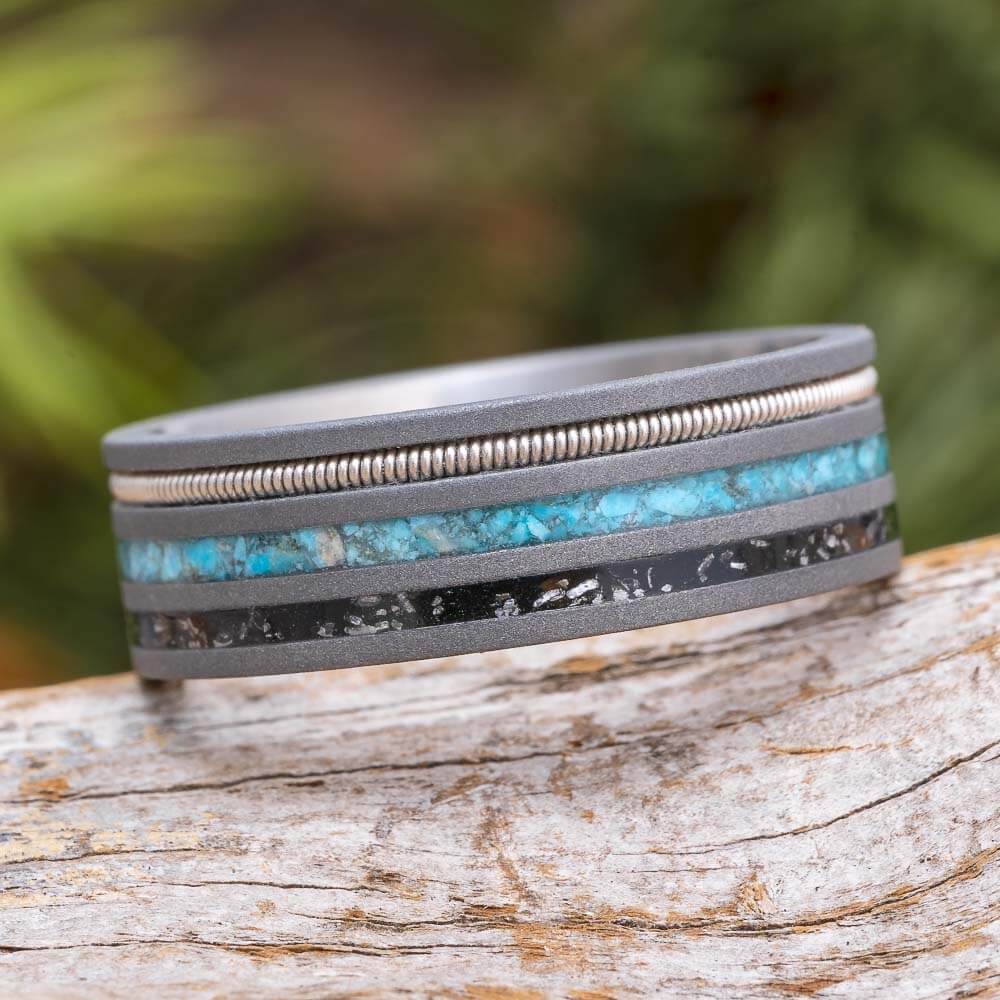 Meteorite and Turquoise Guitar String Ring