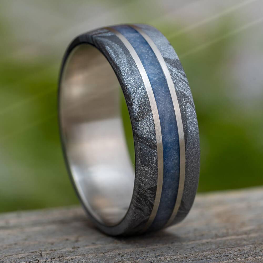 Blue Sapphire and Mokume Wedding Band