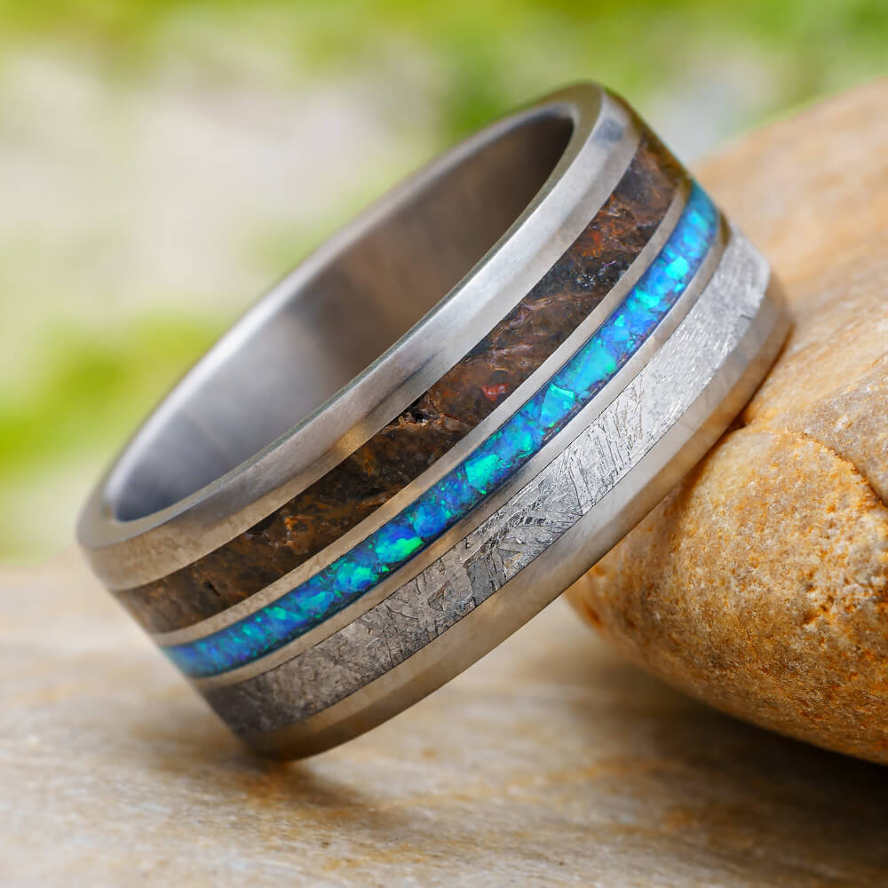 Meteorite, Opal, and Fossil Wedding Band