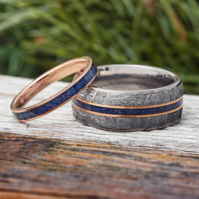 Blue Goldstone His and Hers Wedding Band Set