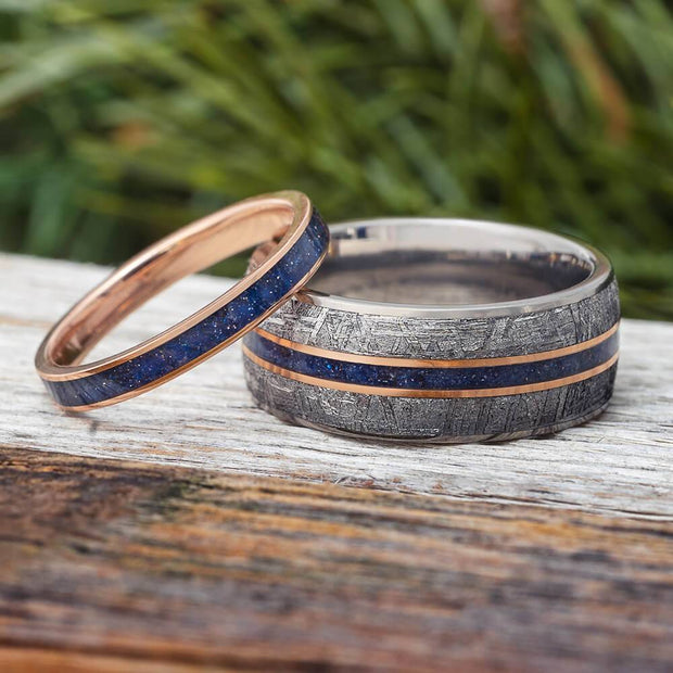 Blue Goldstone His and Hers Wedding Band Set