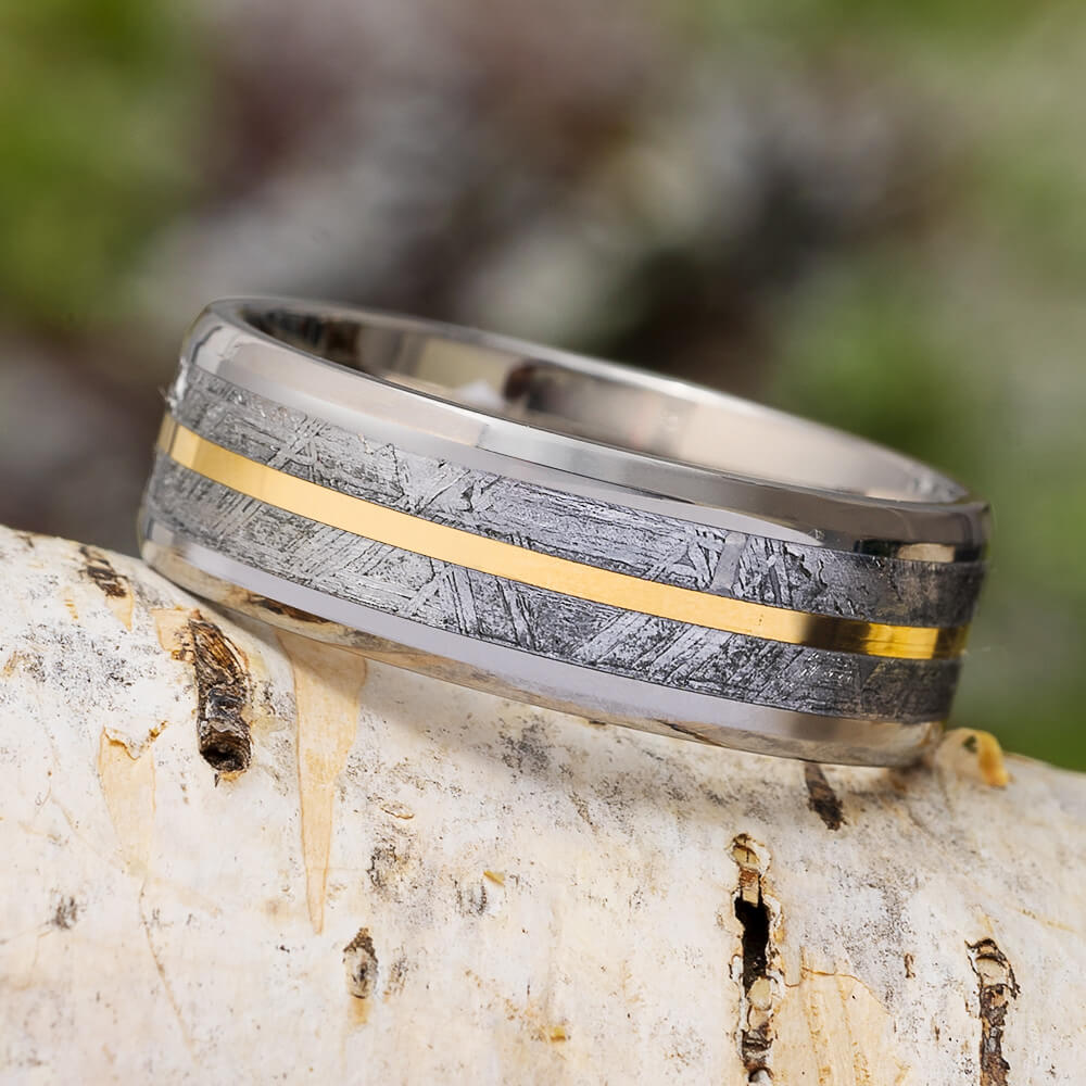 Meteorite Ring with Yellow Gold Pinstripe