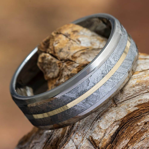Meteorite Ring with White Gold Pinstripe