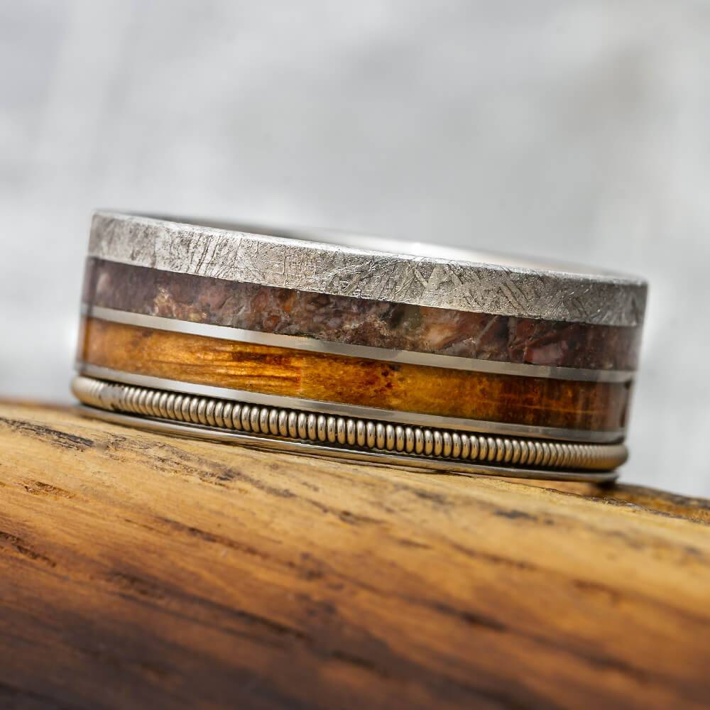 Bass Guitar String Ring With Dinosaur Bone, Meteorite, and Whiskey Wood ...