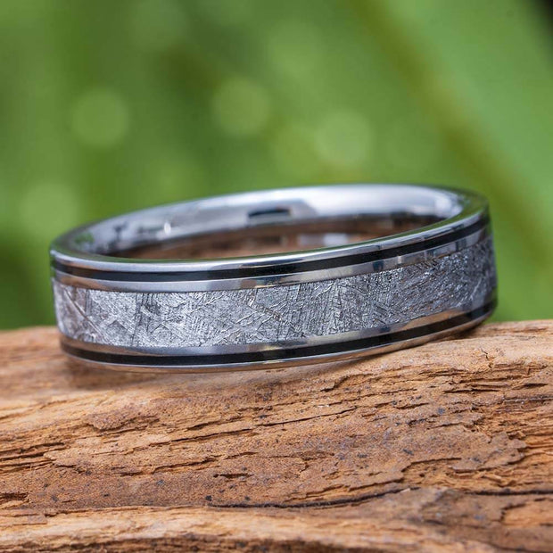 Meteorite Wedding Band with Enamel Pinstripes