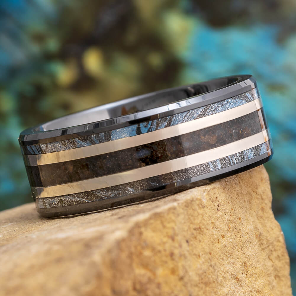 Mokume and Fossil Wedding Band with White Gold Pinstripes