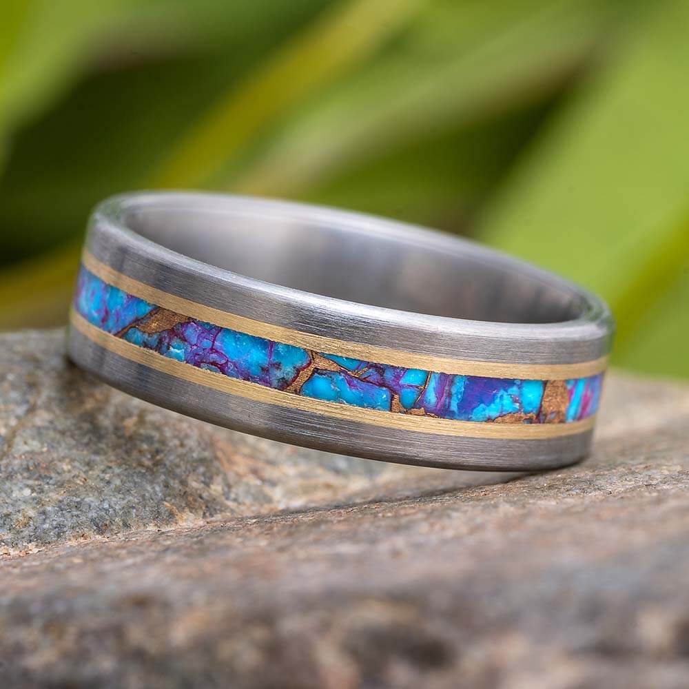 Unique Turquoise Wedding Band With Gold Pinstripes