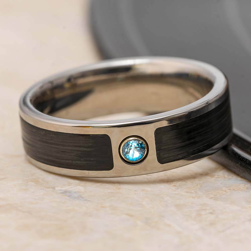 Vinyl record wedding ring with topaz gemstone, side view