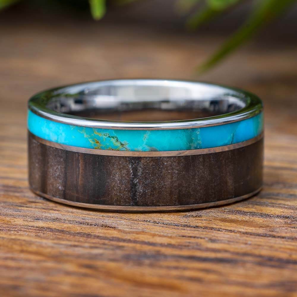 Fossilized Wood and Turquoise Wedding Band