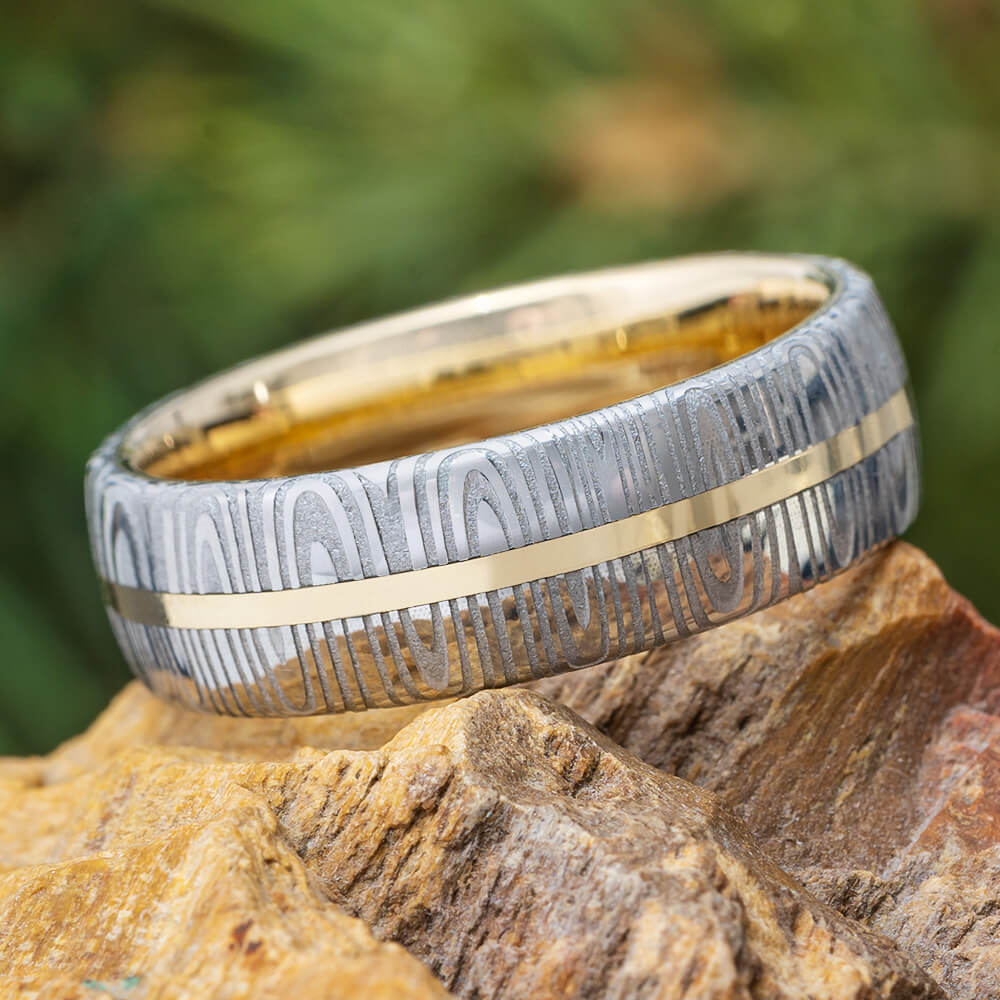Damascus Steel Ring with Yellow Gold