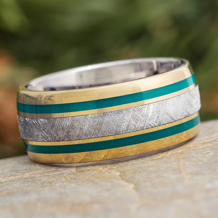 Green & Gold Men's Ring With Meteorite - Jewelry by Johan