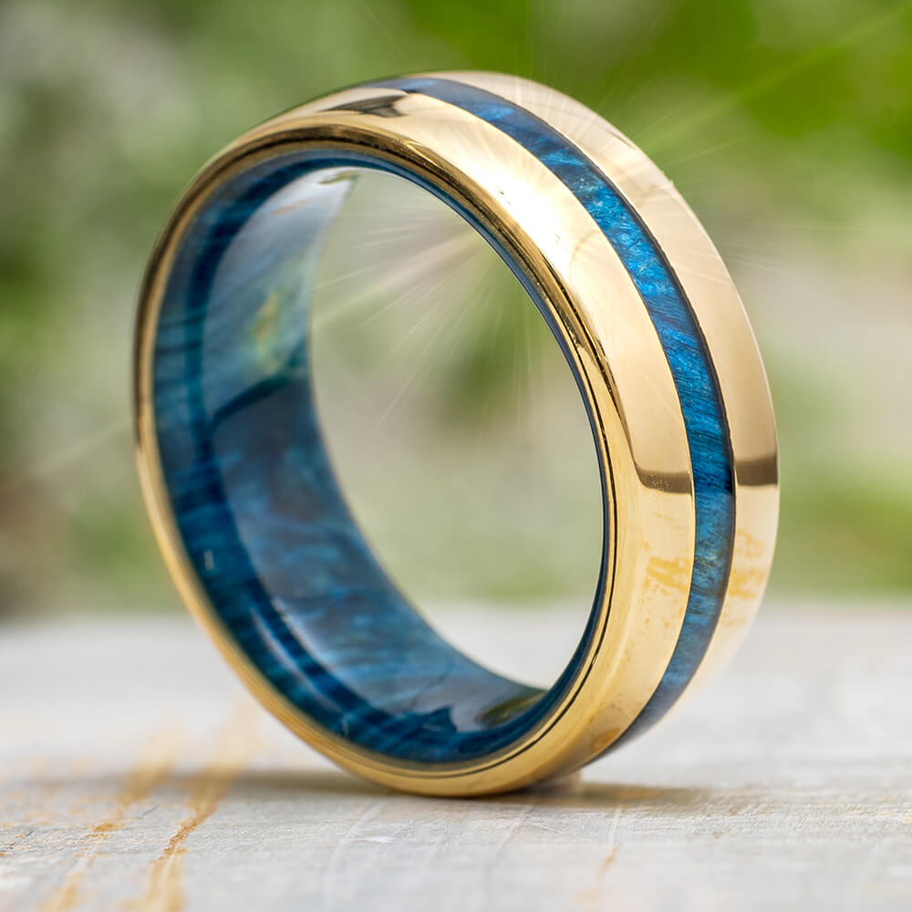 Gold and Blue Wood Wedding Band for Men