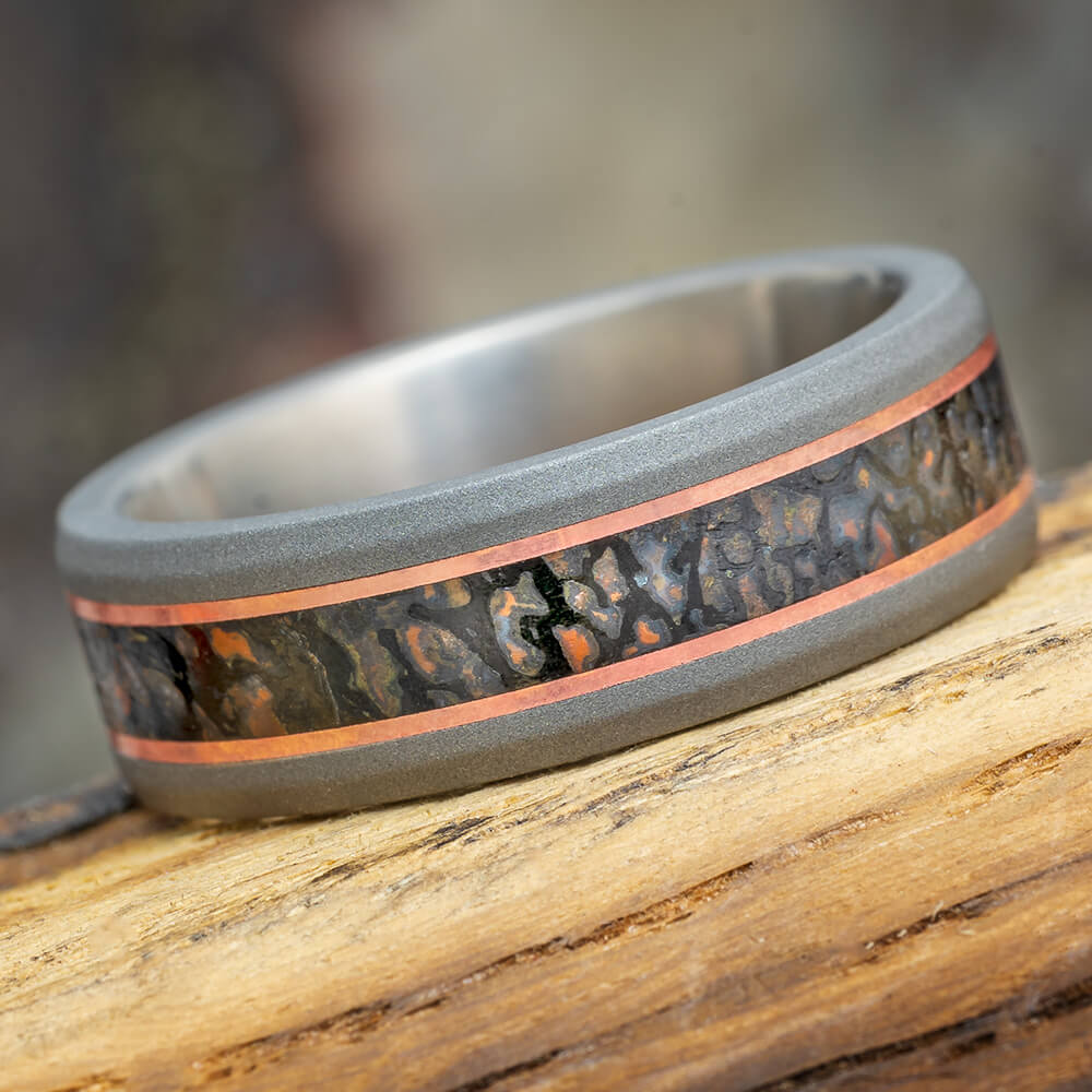 Dinosaur Bone Ring with Copper Pinstripes and Rugged Titanium
