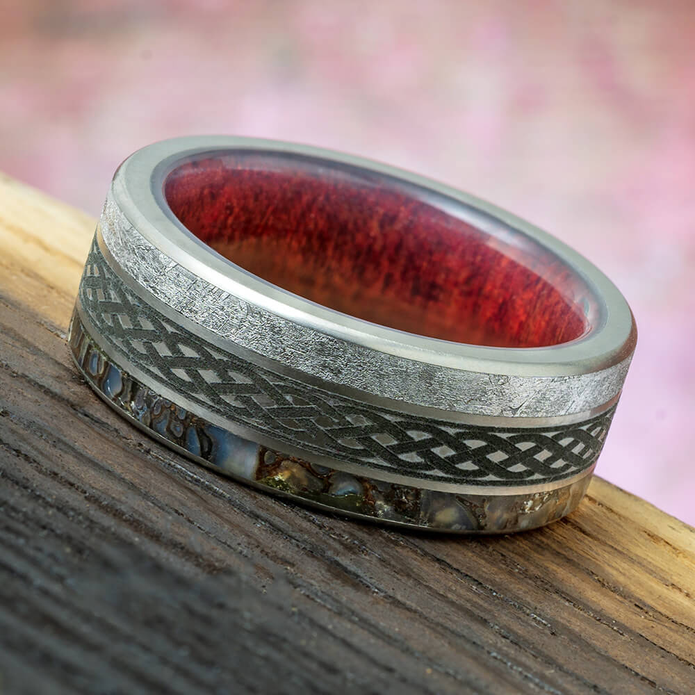 Celtic Wedding Band with Meteorite and Dino Bone and Wood