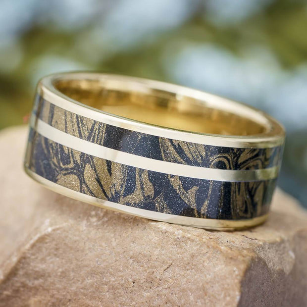 White Gold and Mokume Gane Wedding Band