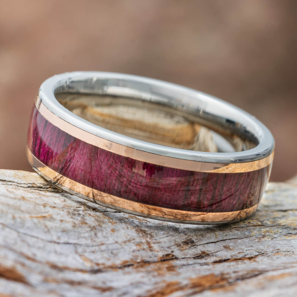 Purple Heart Wood Wedding Band with Rose Gold Pinstripes