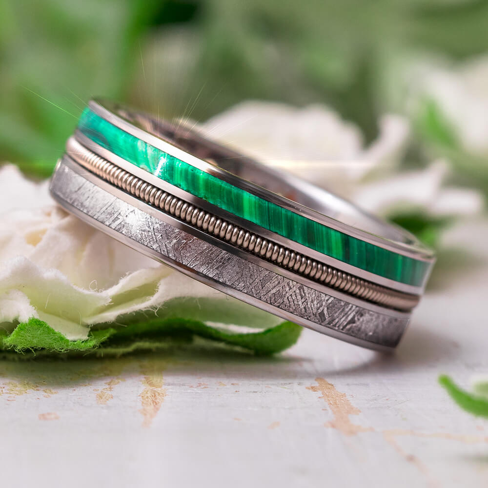 Meteorite and Malachite Wedding Band with Guitar String