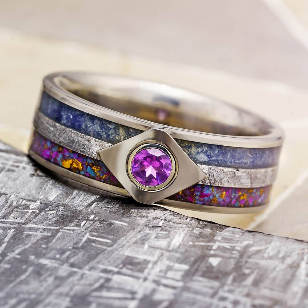 Meteorit Wedding Band with Turquoise and Alexandrite