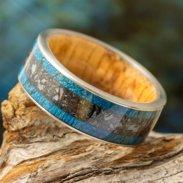 Blue Dinosaur Bone Wedding Band with Oak Wood Sleeve