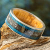 Blue Dinosaur Bone Wedding Band with Oak Wood Sleeve