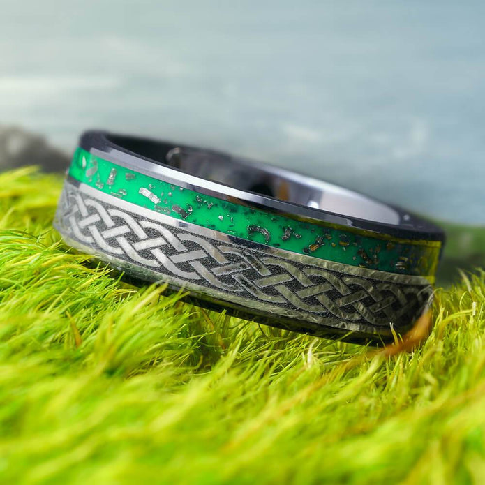 Celtic Wedding Band with Green Stardust