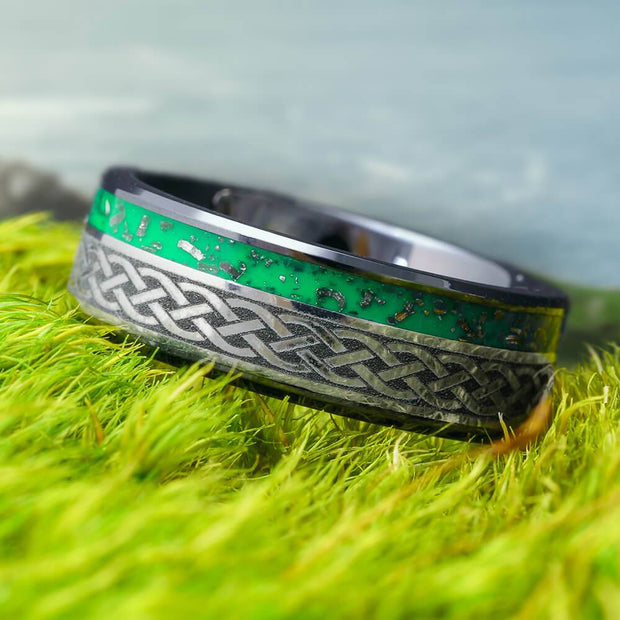 Celtic Wedding Band with Green Stardust