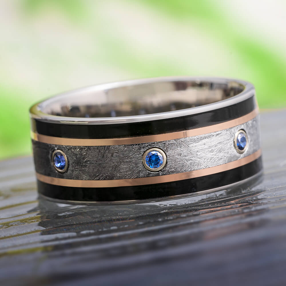 Meteorite and Rose Gold Sapphire Ring