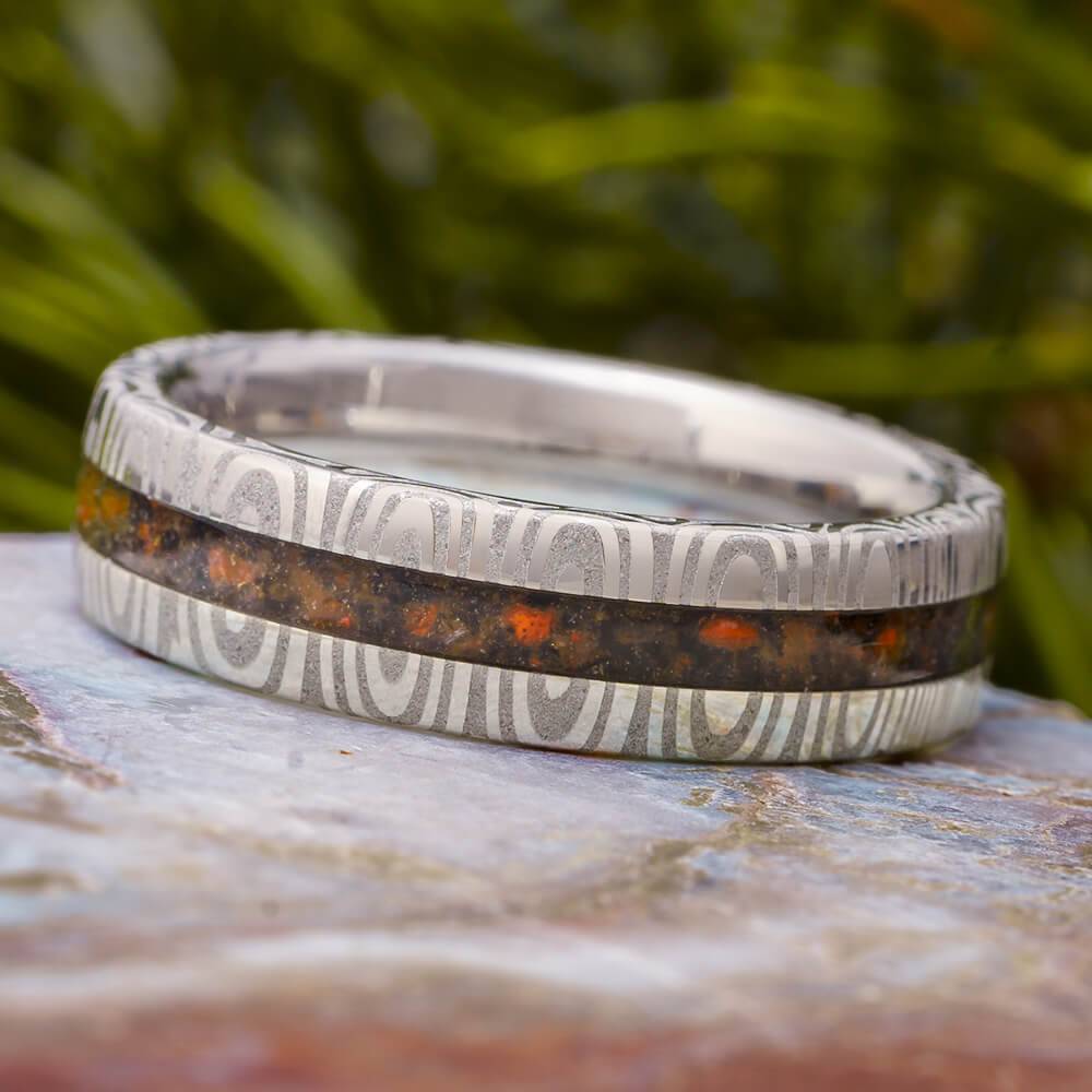 Damascus Wedding Band with Dinosaur Bone