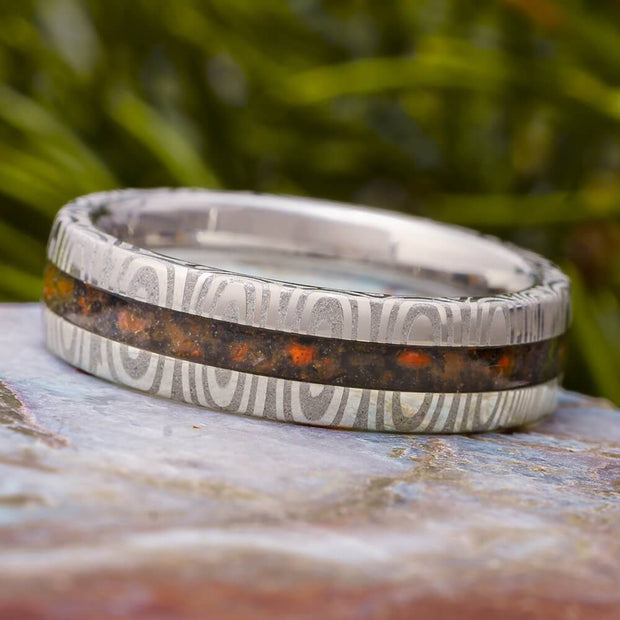 Damascus Wedding Band with Dinosaur Bone
