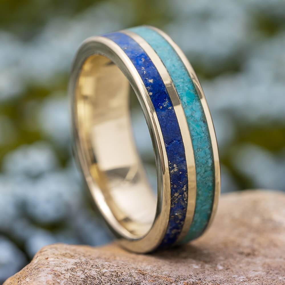 Men's wedding band with lapis lazuli and turquoise on rock