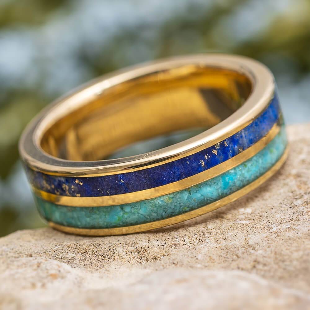 Lapis lazuli and turquoise men's wedding band on stone