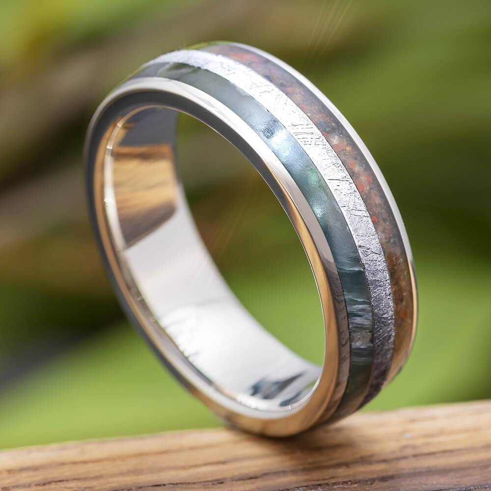 Jade Wedding Band with Meteorite and Dinosaur Bone