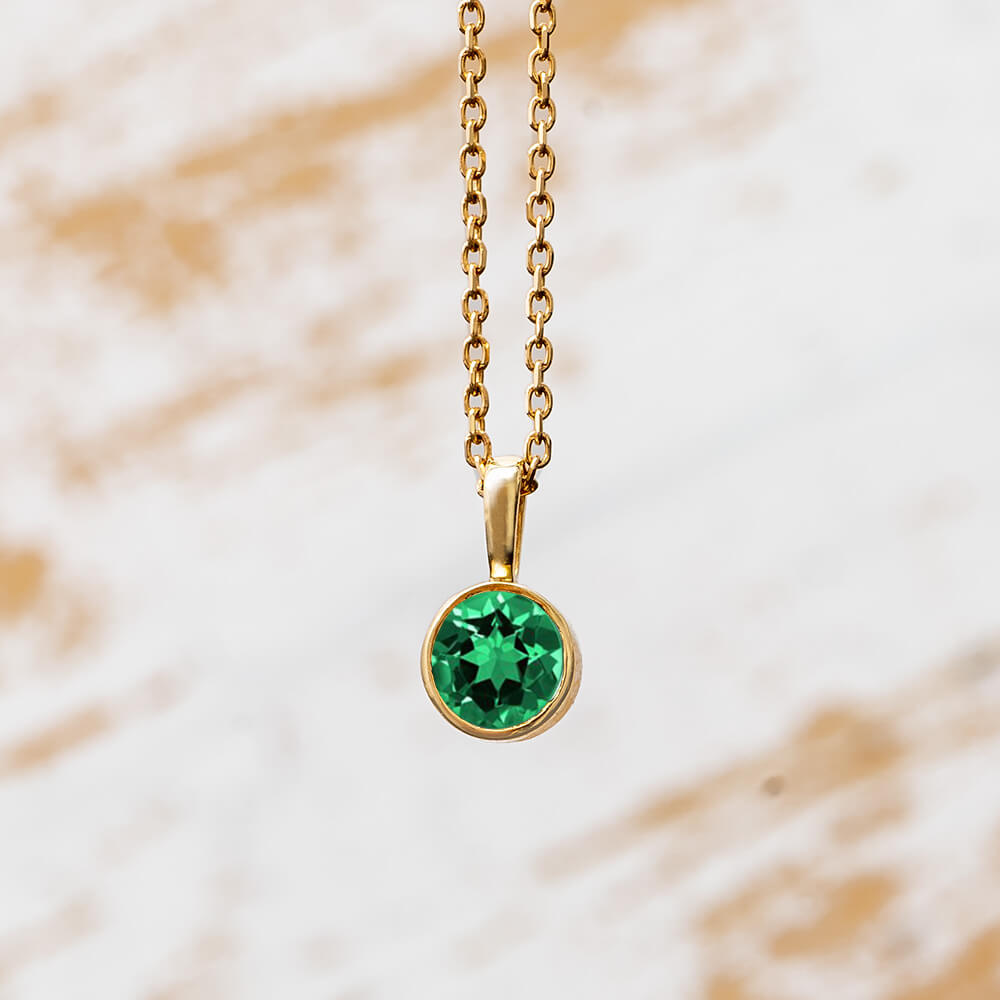 14k Yellow Gold Birthstone Necklace with Round Cut Emerald