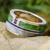 Men's wedding ring with meteorite and colored woods on stone