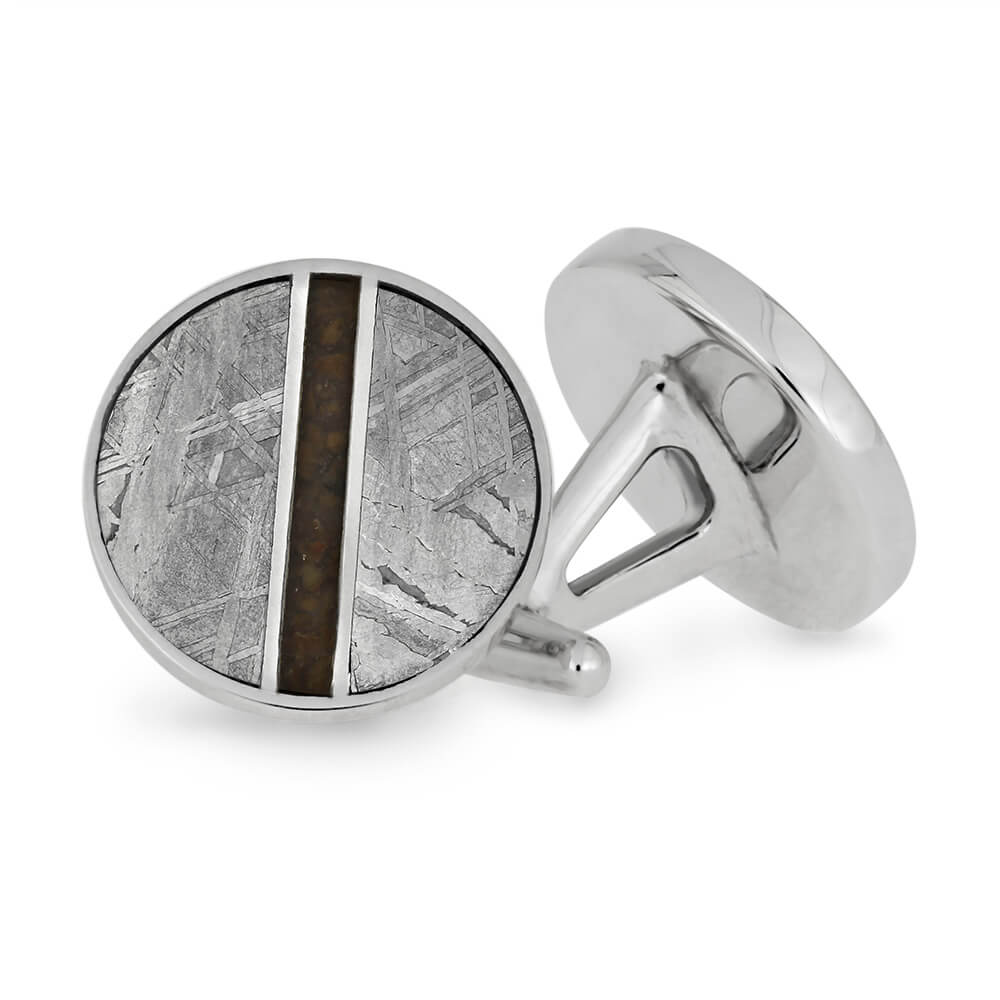 Silver cuff links with meteorite and dinosaur bone inlay