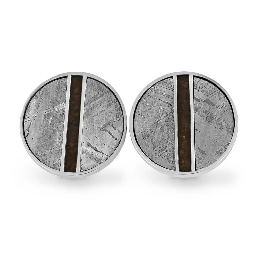 Pair of meteorite and dinosaur bone cuff links