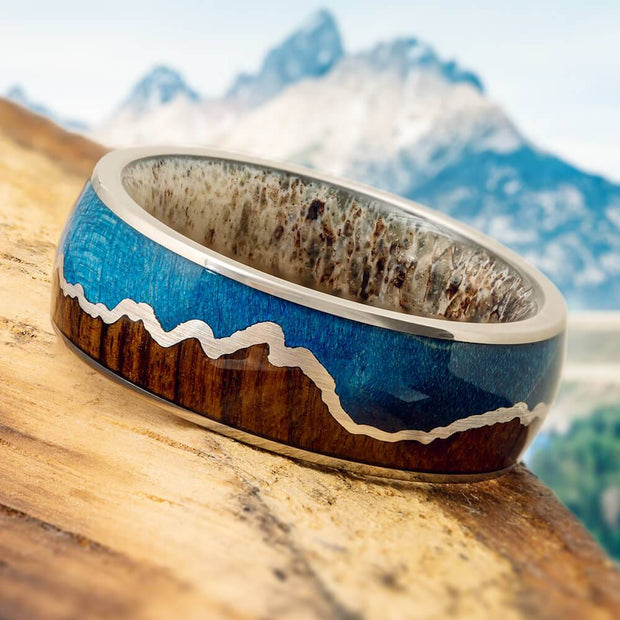 Custom Mountain Range Wedding Band with Wood and Antler