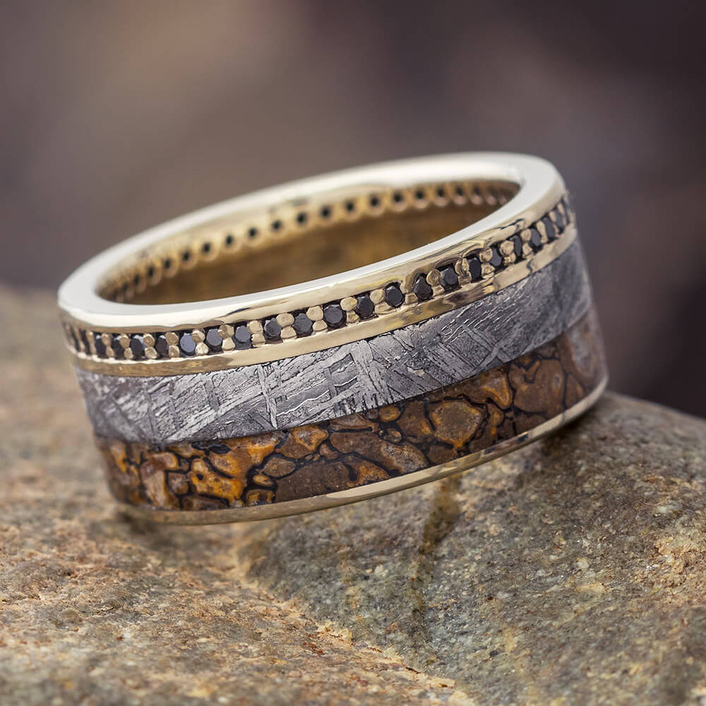 Black Diamond Eternity Wedding Band for Men with Dinosaur Bone and Meteorite-DJ1021WG - Jewelry by Johan