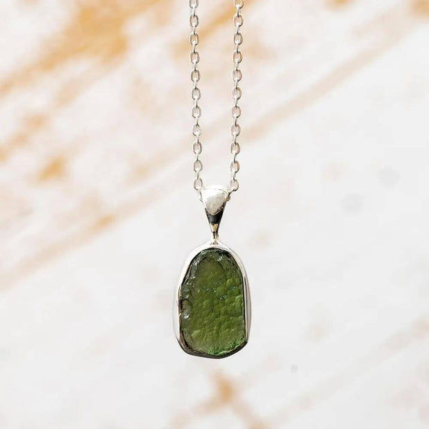 Rough moldavite pendant necklace on chain