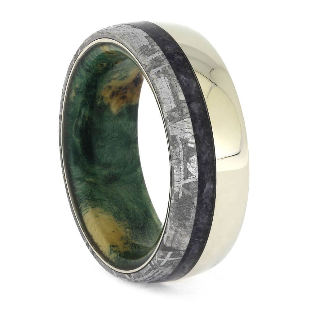 Sapphire Wedding Band with Green Wood and Meteorite