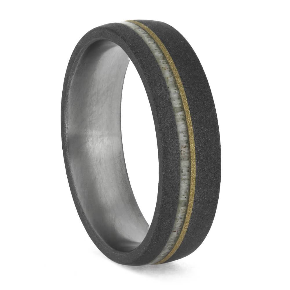 Sandblasted Ring with Deer Antler and Yellow Gold, Size 9-RS11289 - Jewelry by Johan