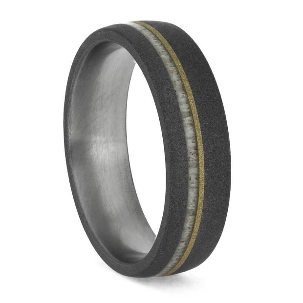Sandblasted Ring with Deer Antler and Yellow Gold, Size 9-RS11289 - Jewelry by Johan