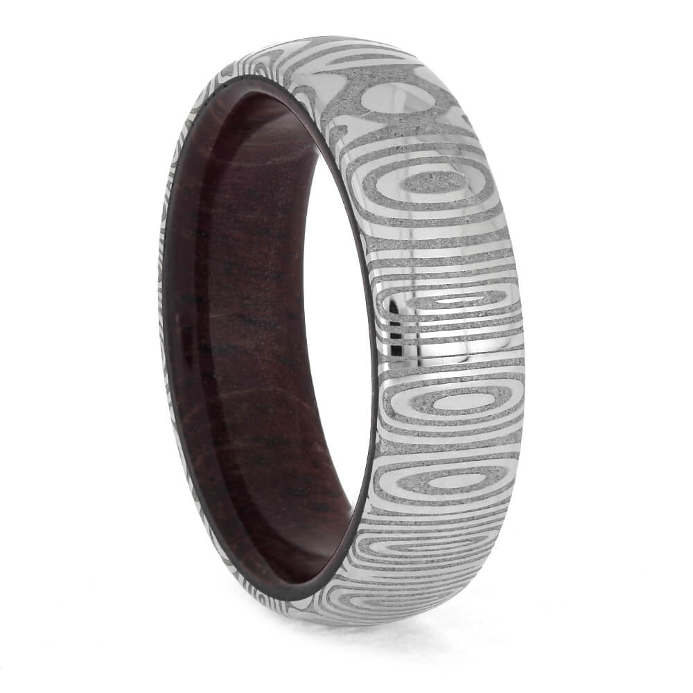 Damascus Wedding Band With Purple Heart Wood Sleeve