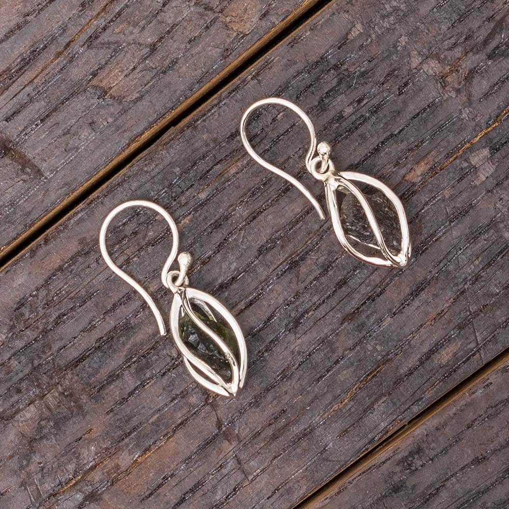 Rough Moldavite Earrings in Stainless Steel Cages-RSSB015 - Jewelry by Johan