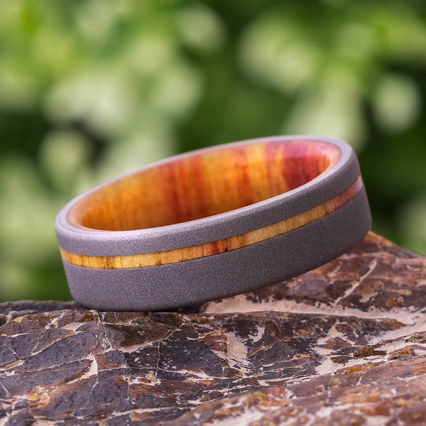 Exotic Hard Wood Wedding Band: Bloodwood Inlay in Titanium Ring, Wood rings