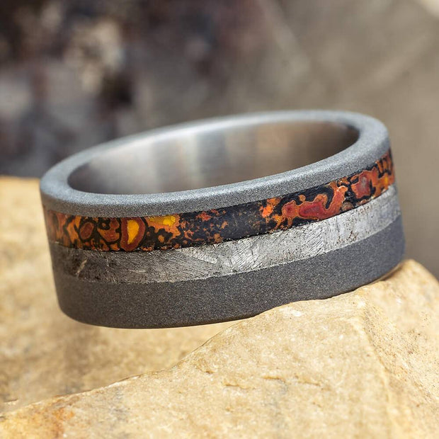 Meteorite Ring with Dinosaur Bone Ring in Sandblasted Titanium-SIG3068 - Jewelry by Johan