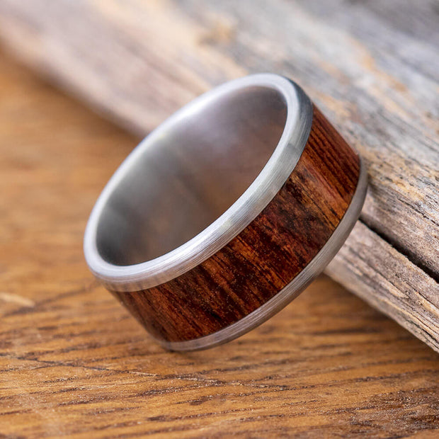 Titanium Wedding Ring with Marble Wood Inlay, Beveled Edge Profile-1160 - Jewelry by Johan